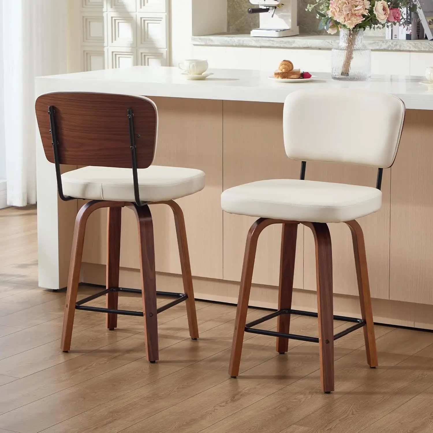 

26" Swivel Counter Height Bar Stools Set of 2, Faux Leather Kitchen Stools Upholstered Barstools with Back, Walnut, Customized