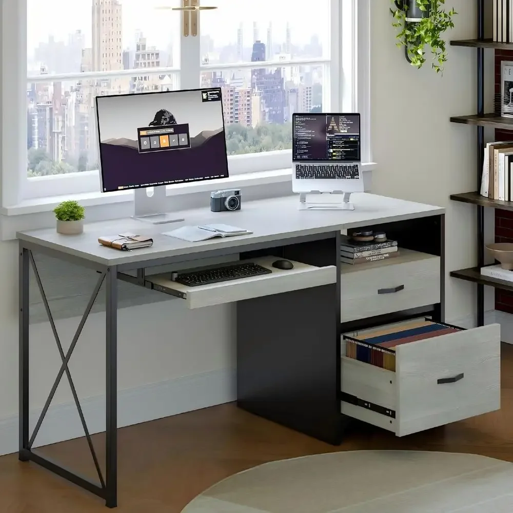 

55 Industrial Wooden Computer Desk with Storage and Keyboard Tray for Home or Office, White Washed