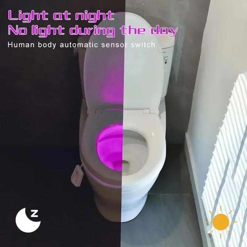 Wireless Motion Sensor LED Night Light RGB 8 Color Changing Toilet Bathroom Atmosphere Lamp Waterproof Smart On/Off Night Lamp