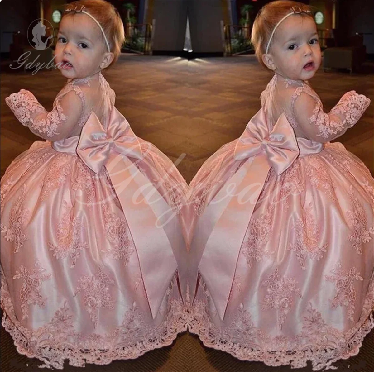 Dark pink Sheer Girls Birthday Gowns with Big Bow On Back Long Sleeves Lace Flower Girl Dress For Wedding Custom Made