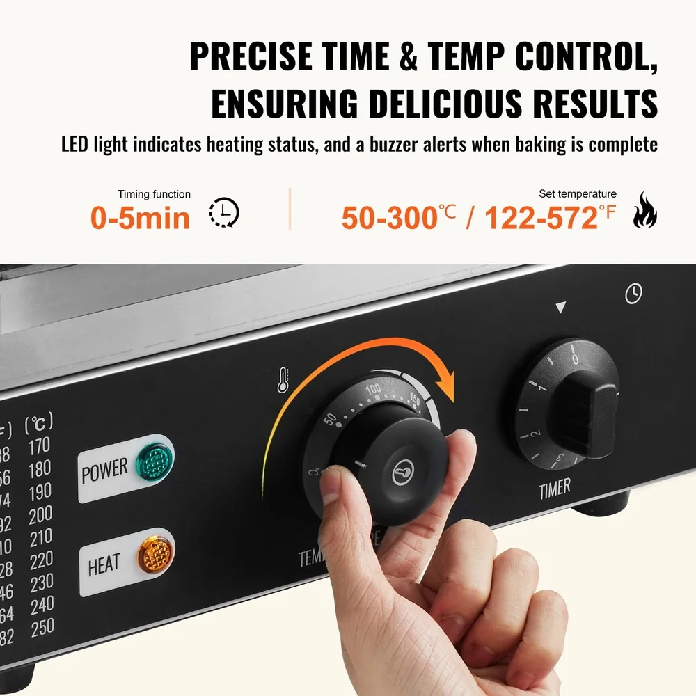 Электрическая машина для приготовления пончиков, 1550 Вт, коммерческая машина с антипригарным покрытием и 6 отверстиями, двухсторонний таймер нагрева, контроль температуры, прочная нержавеющая сталь