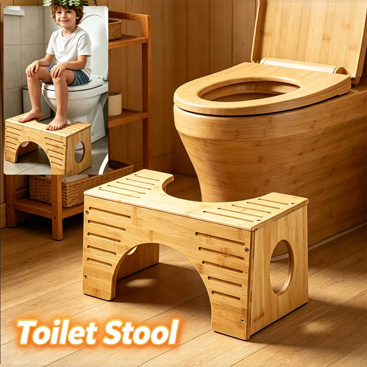 Squatty Potty The Original Tabouret de toilette en bambou, réglable en hauteur (7 et 9 pouces), tabouret de salle de bain en bambou naturel, marchepied de toilette pour correction de posture pour adultes, pour une meilleure élimination des déchets