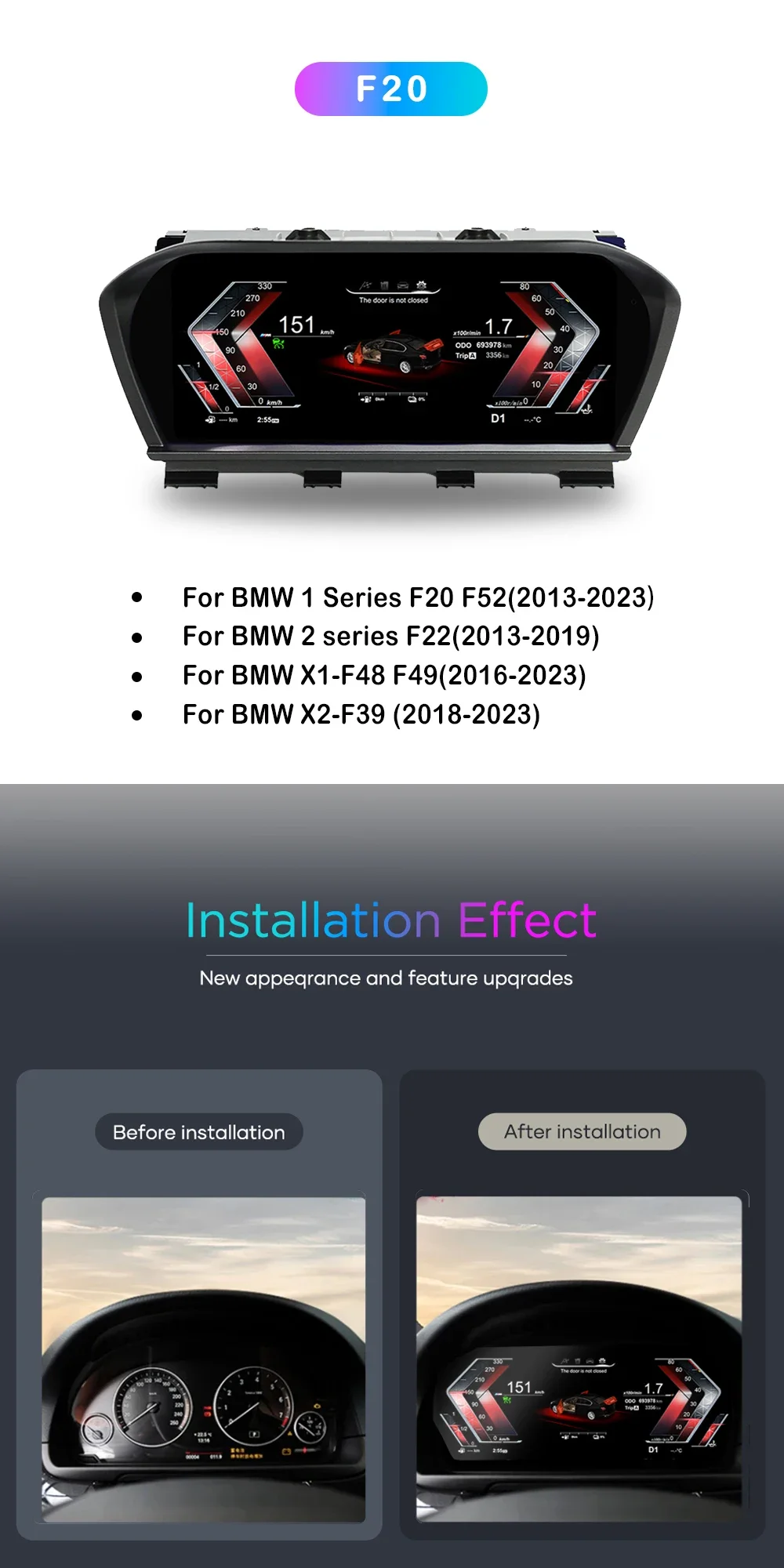 

Car Digital Dashboard Speedometer For BMW 1 2 Series F20 F52 F22 X1 F48 F49 X2 F39 LCD Panel Virtual Cockpit Instrument Cluster