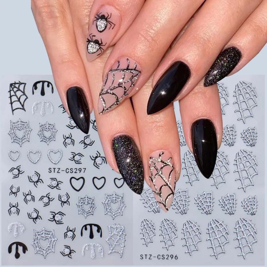 Y2K Sparkly Silver Spider Web adesivi per unghie oro Chrome ragnatela decalcomanie per unghie simpatici disegni di Halloween Manicure con cursore adesivo