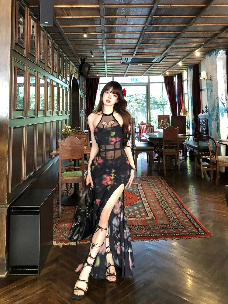 

French Women's Black Butterfly Print Mesh Elegant Sexy Off Shoulder Halter Long Dress Summer Vintage Sleeveless Split Dress Boho