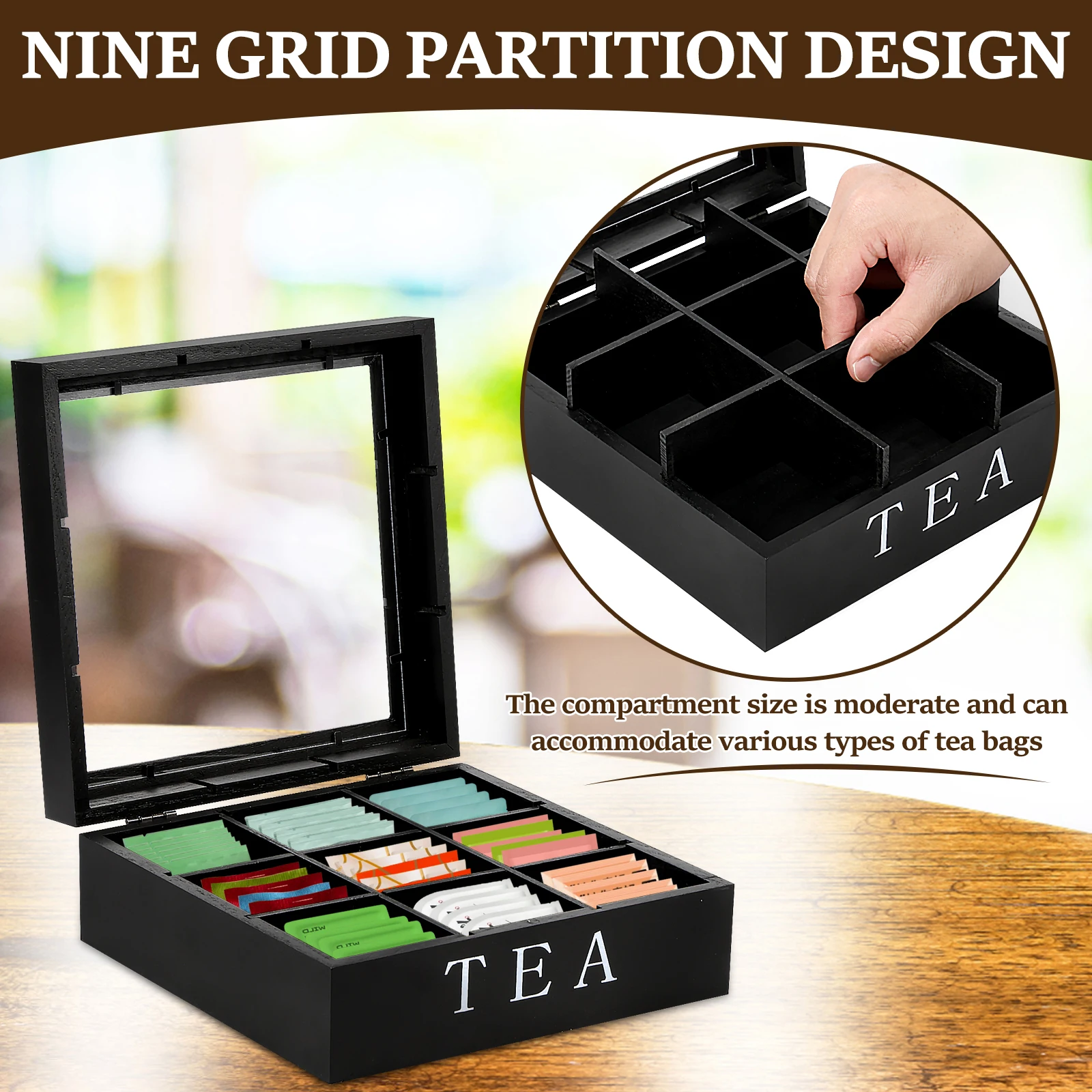 Wood Tea Bag Storage Box with Clear Lid 9 Compartments Square Container Desktop Jewelry Organizer Tea Box Case