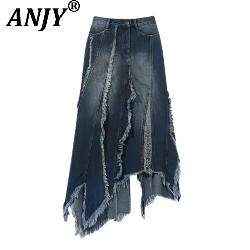 

ANJY Summer New Women Chic Skirt Asymmetrical Design Distressed Denim Burr Vintage Tide Elegant Stylish High Street Skirts A9966