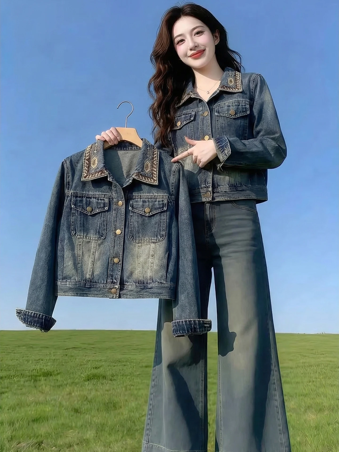 

Retro Embroidered Collar Denim Jacket Women's Loose Casual Short Top Spring 2026 Fashion Design Loose Fit Conceal Meat