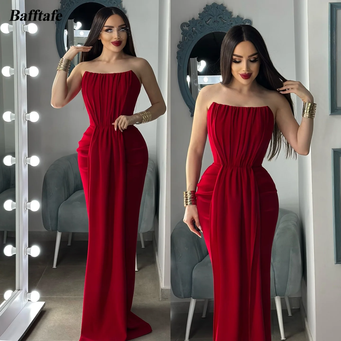 

Bafftafe Red Matte Satin Customized Prom Dresses Formal Evening Party Gowns Detachable Long Sleeves Mermaid Birthday Dress 2026