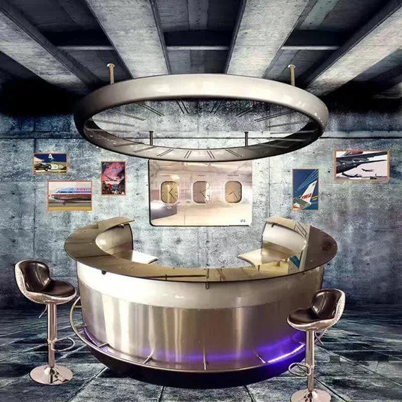 Factory Custom Rustic Aviation Cowling Bar Furniture Circle Curved Bar Counter With LED Light Roof