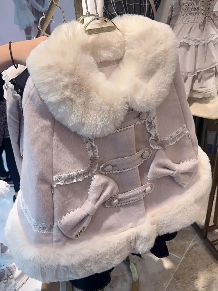 2025 Winter Japanese Sweet Elegant Woolen Coat Women Soft Lolita Furry Design Short Jacket Female Princess Chic Loose OverCoat