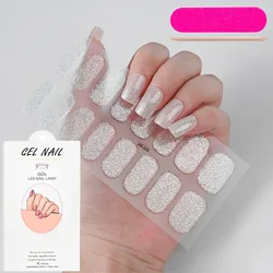 16Tips Semi-Cured Gel Nail Patch With glitter Sliver Gel Nail Wraps Long Lasting Full Cover Gel Nail Stickers UV Lamp Needed