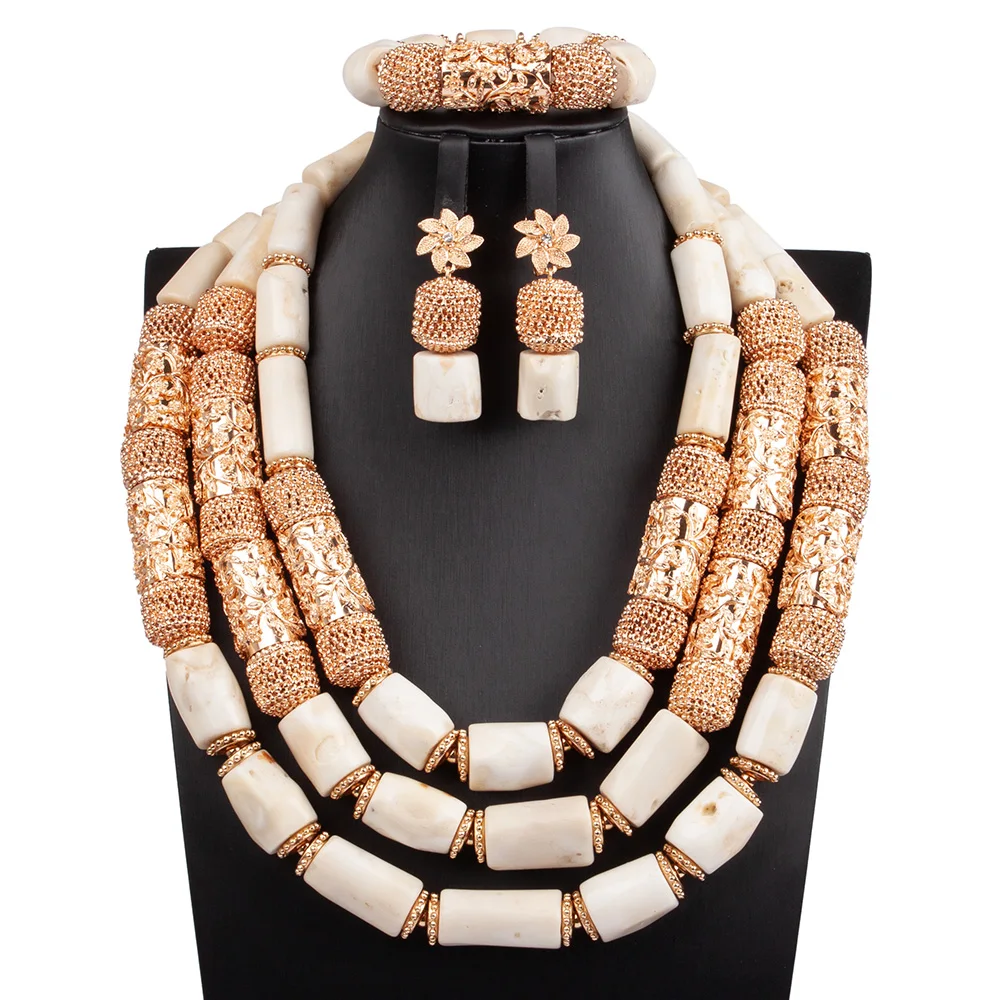 

2022 Dubai Wedding Bridal Real Coral Jewelry Set Big White Real Coral Gold African Coral Beads Jewelry Set ABG189