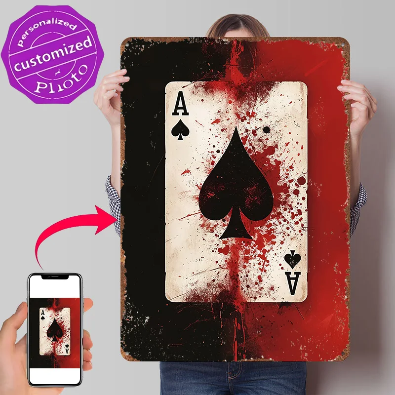 Ace of Spades Blood Splatter Personalized 3D Textured Metal Poster Wall Art Tinplate Sign for Mancave Decoration Room Home Decor
