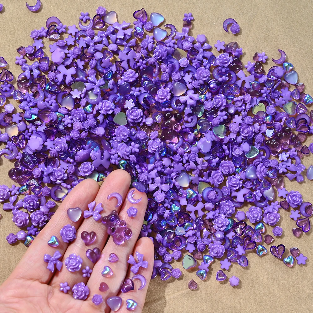 50g/Bag Lavender Color Kawaii Nail Charms Mix 3D Flatback Resin Charms Bulk Bow/ Bear/ Rose/ Flower DIY Nail Gems Decorat Suppli