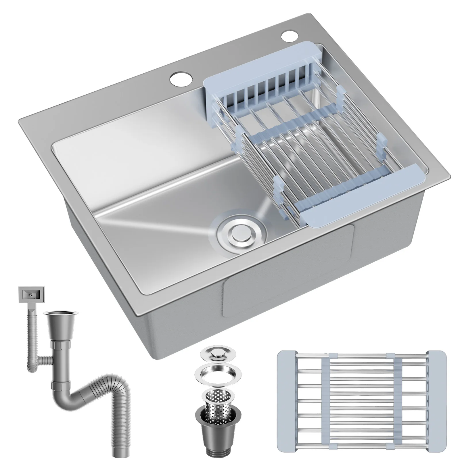 Evier Cuisine 1 Bac Inox, Avec Filtre de Vidange et Trous pour Robinets, Installation Simple à Poser pour Cuisine Moderne