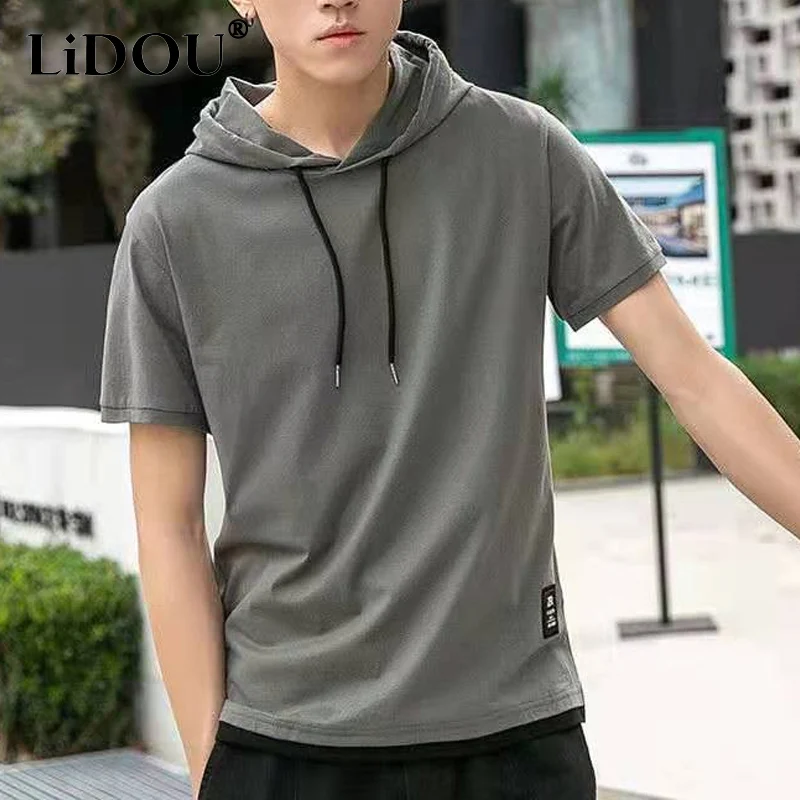 2023 Summer New Short Sleeve Hoodies Man Solid Color Drawstring Patchwork Pullovers Fashion Street Cotton Casual All-match Tops