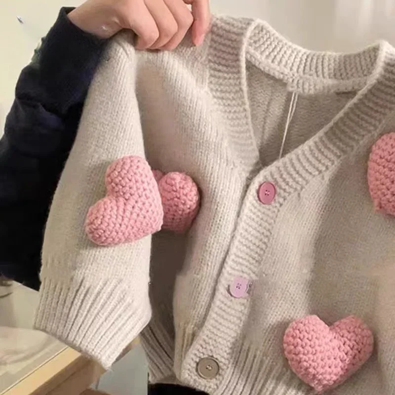 Autumn Girls' Knitted Cardigan Three Dimensional Love Sweater Coat Children's Sweater Korean Baby Kids Clothing