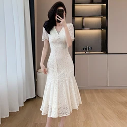 Elegant Summer Lace Mermaid Dress 2024 New French Fashion Women V Neck Short Sleeve Hollow Out Slim Bodycon Party Midi Clothes