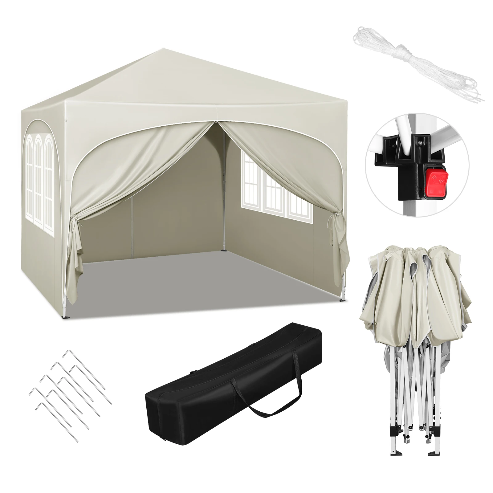 WOLTU Gazebo plegable de 3x3m con 4 paredes laterales, tienda de fiesta ajustable en altura, protección UV repelente al agua para jardín, Camping, Picnic
