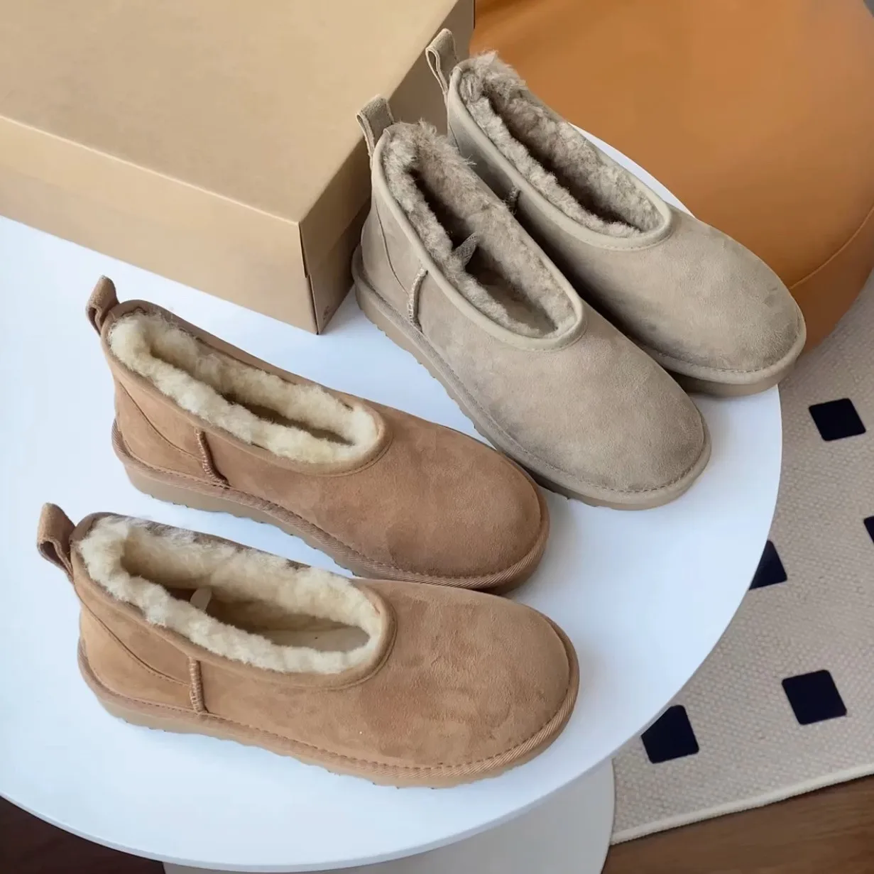 2024 Women Fur Flats Platform Warm Snow Boots Suede Cozy New Femme Loafer Shoes Winter Short Plush