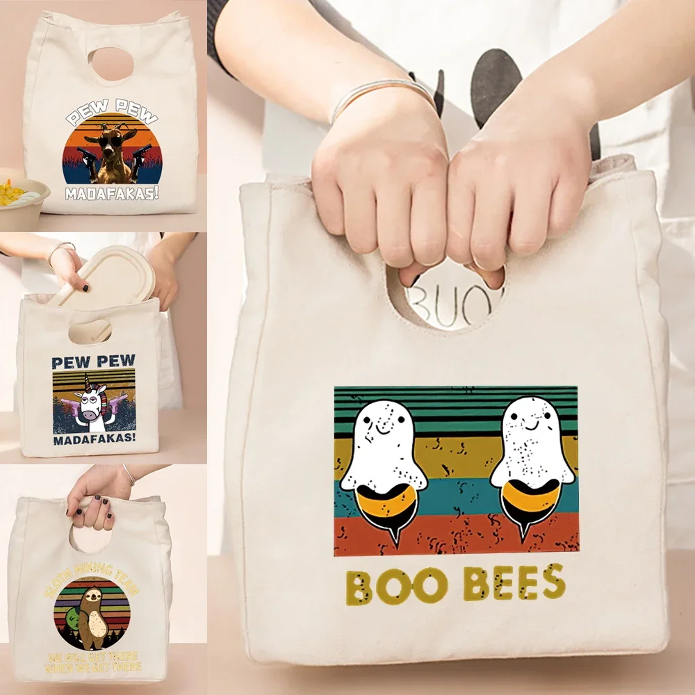 Women Bag Canvas Tote Thermal Lunch Bag Portable Eco Clutch Shopper Storage Bags Pew Print Female Folding Storage Travel Bags