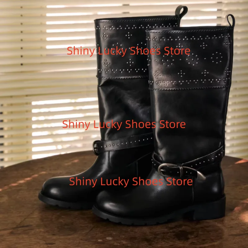 

Belts Buckle Shoes for Lady Round Toe Chunky Mid Heels Sewing Lines Chassure Femme Pleated Zapatos Mujer Stitching Female Boots