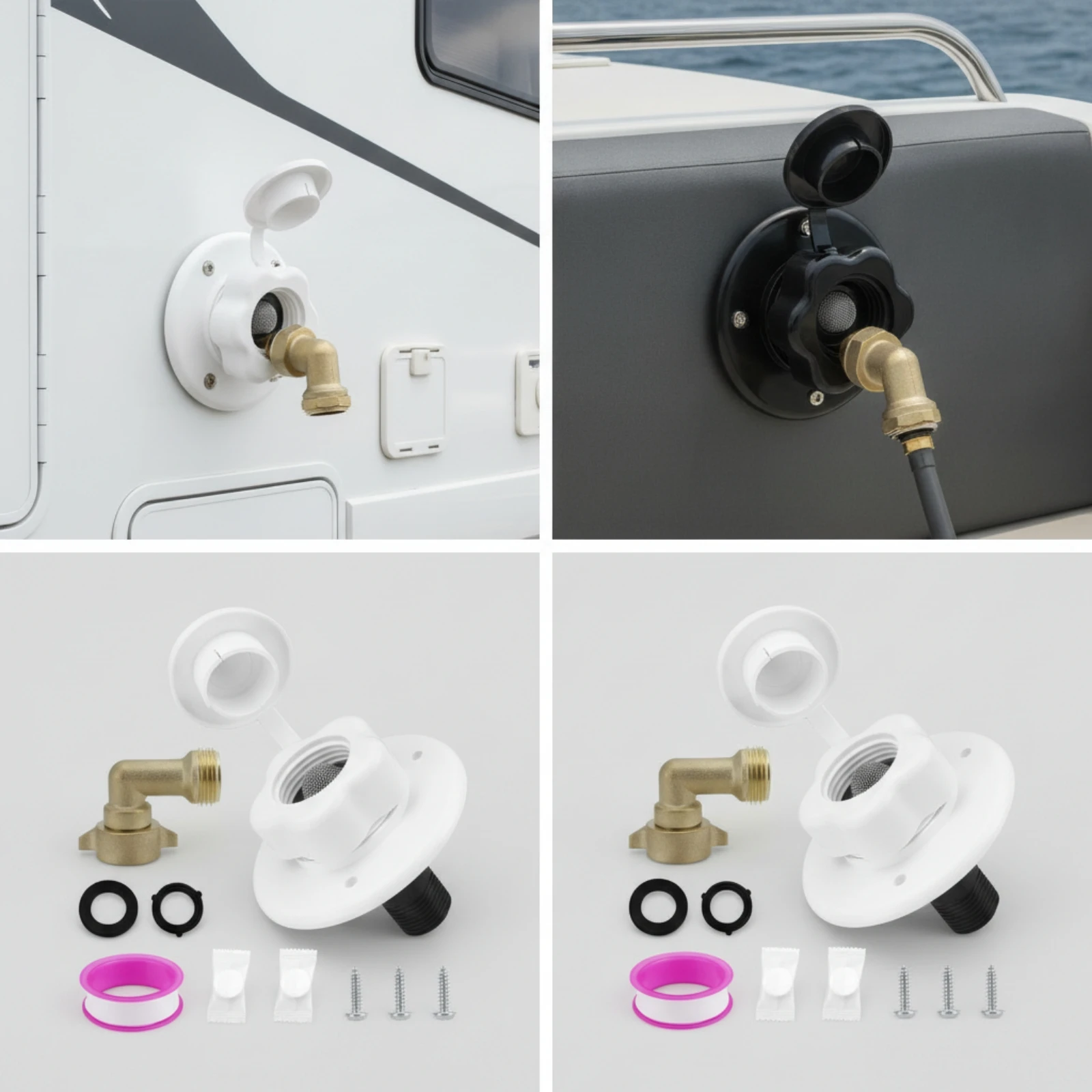 Water Inlet Connector with Cap Flange-Mounted Inlet Adapter Connector Fitting 90-Degree Plug Threaded for RV, Boat