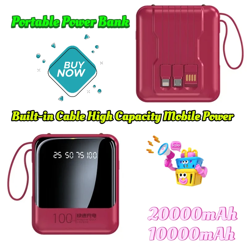 

20000mAh/ 10000mAh Portable Power Bank with Built-in Cable High Capacity Mobile Power High-Quality