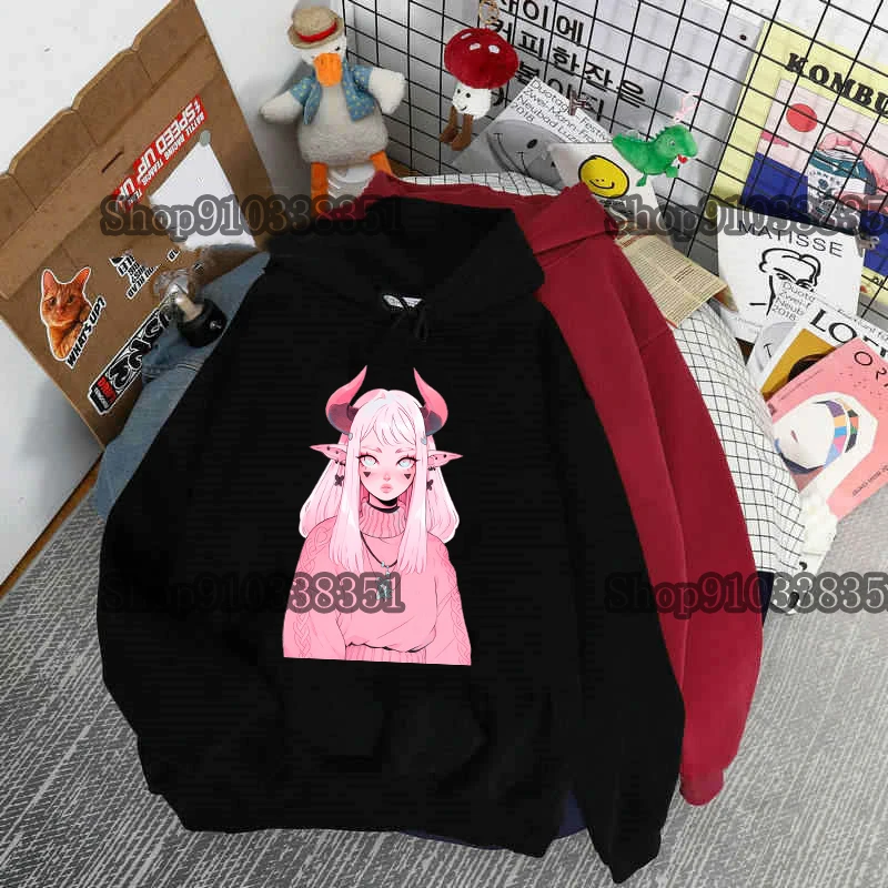 

Funny Demon Y2k Hoodies Women Letter Long -Sleeved Hooded Sweatshirt Harajuku Korea Loose Graphic Print Pullover Drop Ship