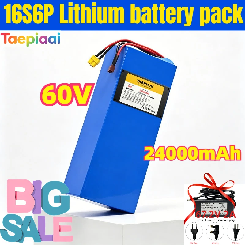 60V 24Ah 16S6P 18650 Lithium Battery Pack 24000mAh Built-in BMS XT60 T Plug for Electric Bicycle Scooter Motorcycle 1000W-2000W