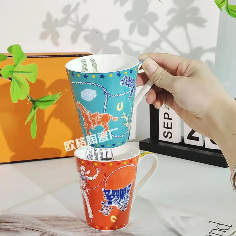 

Premium European Western Cowboy Bone China Mug Couple Cup Water Cup Deluxe Gift Box Packaging for Housewarming Party