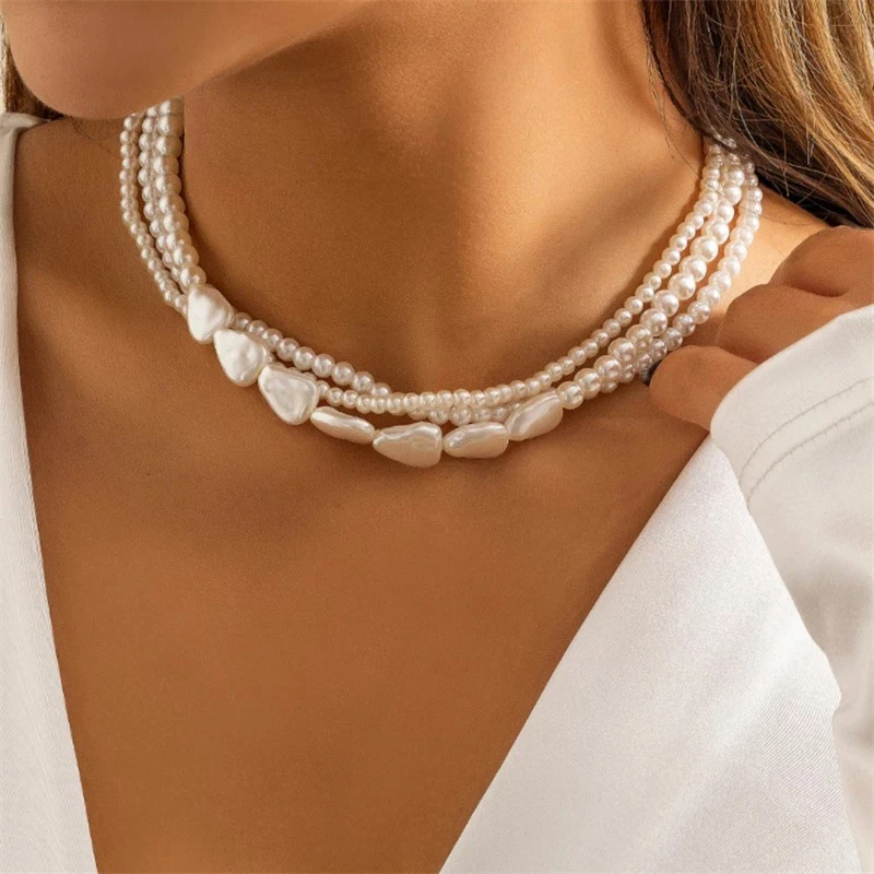 Multi-Layer Pearl Necklace For Women Elegant Chokers Retro Neck Chain Imitation Pearls Heart Necklace Wedding Party Lady Jewelry