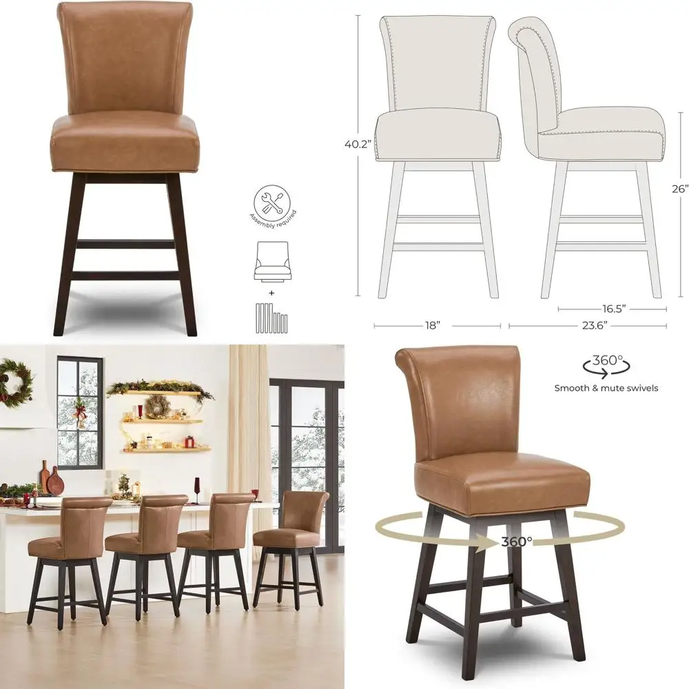 

Набор из 2-х коричневых кожаных барных стульев на колесиках, высота 66 см, с спинкой, сертифицировано SC