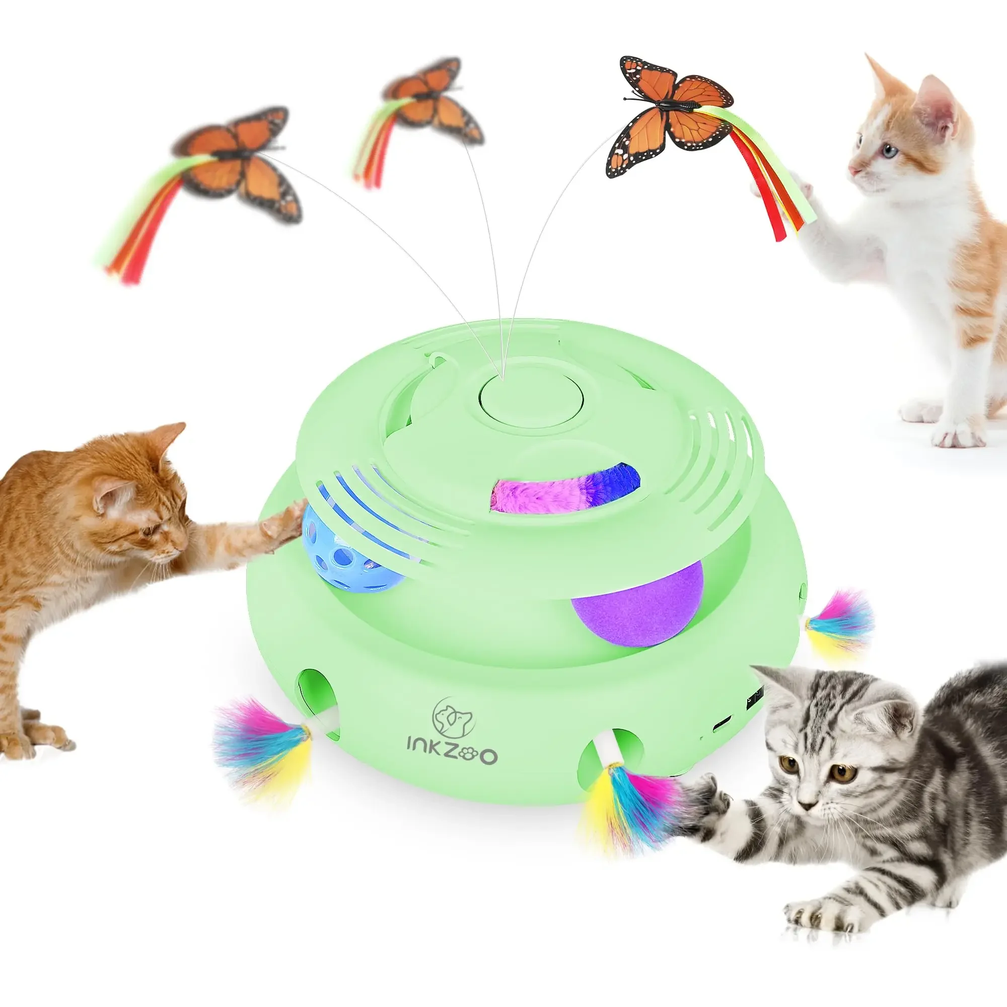 

4-in-1 Interactive Cat Toys for Indoor , Automatic 6 Holes Mice Whack-A-Mole, Fluttering Butterfly, Track Balls,USB Rechargeable