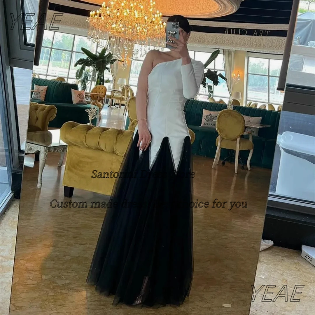 

Santorini Customized Black&Ivory Prom Dresses One Shoulder Long Sleeve Evening Dress Tulle Birthday Party Special Gowns