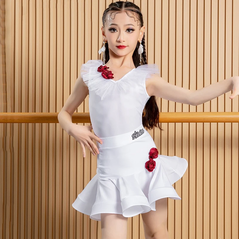 New Kids Stage Chacha Samba Rumba Dance Clothes White Latin Dance Competition Dress Sleeveless Latin Lace Top Skirts SL10057