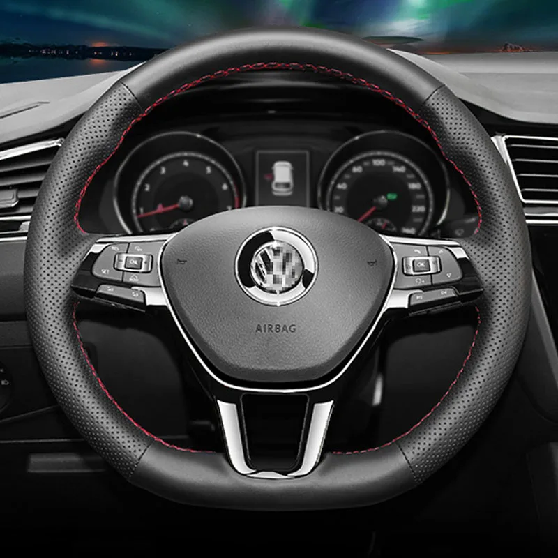 

Hand-stitched non-slip black Genuine Leather Car Steering Wheel Cover For Volkswagen VW Golf 7 Mk7 Novo Polo Jetta Passat B8