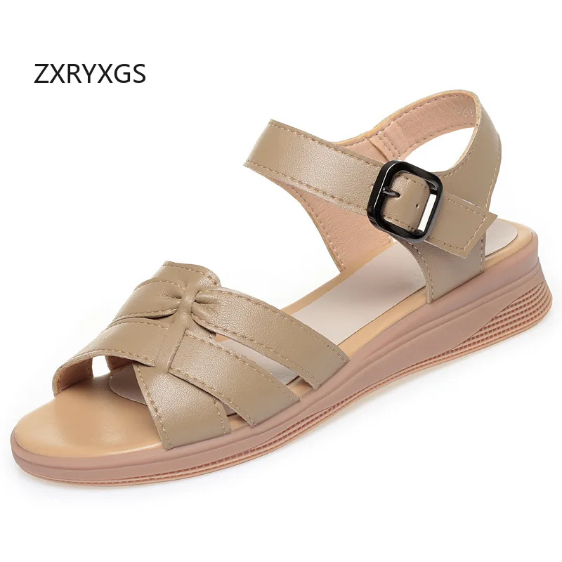 ZXRYXGS 2026 Promotion Genuine Leather Open Toe Sandals Large Size Women Summer Sandals Roman Shoes Comfortable Flat Sandals