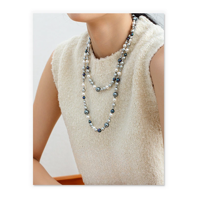 

Pearl necklace gradual change tahitian silver gray beaded sweater chain versatile high sense niche necklace