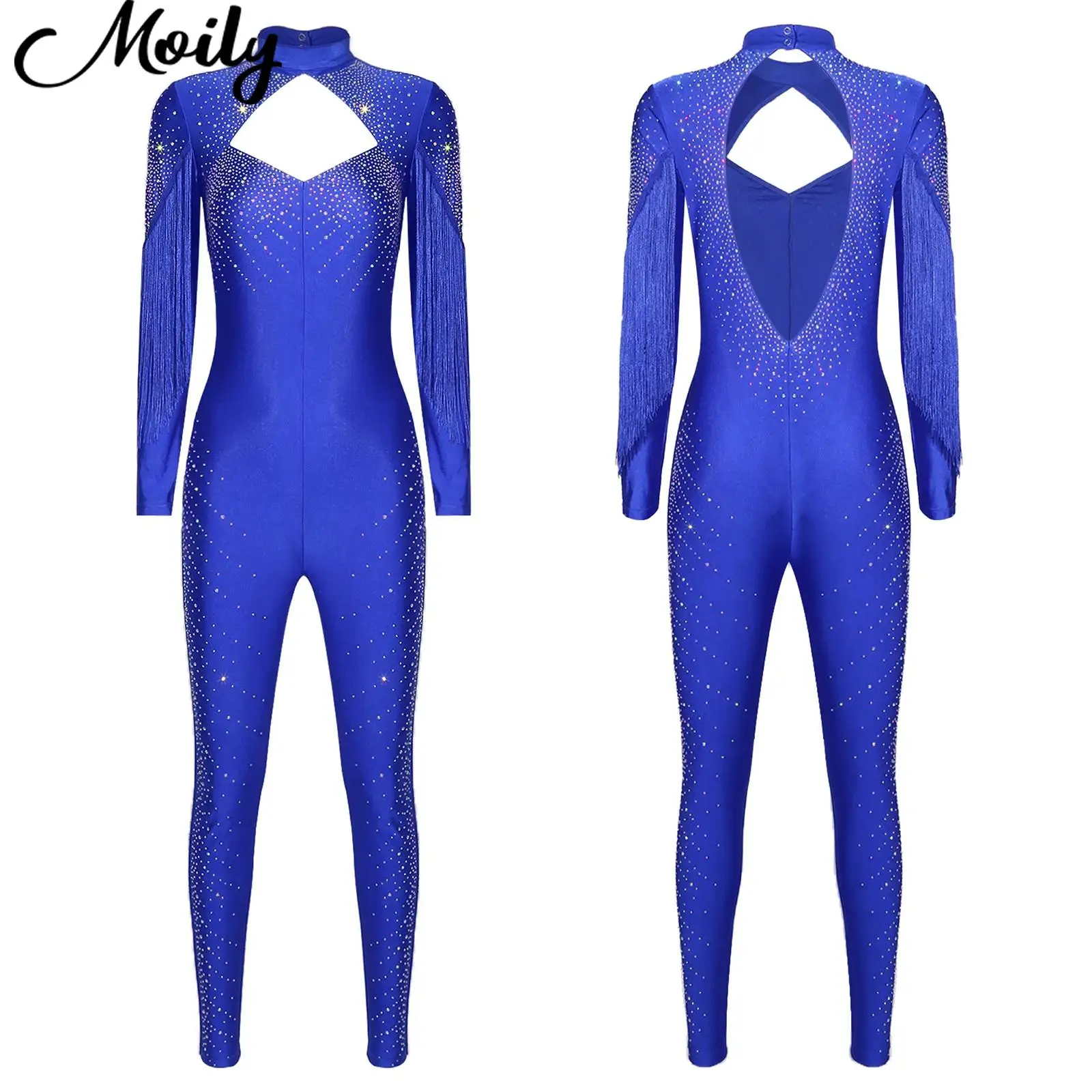 

Womens Figure Skating Rhinestone Tassel Jumpsuit Gymnastics Ballet Latin Modern Dance Stage Performance Clothes Training Wear