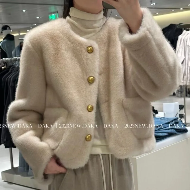 

French Fashion Mink Skin Fur Coat Women Round Neck Soft Glutinous Single Breasted Korean Gentle Solid Warm Winter Plush Jacket