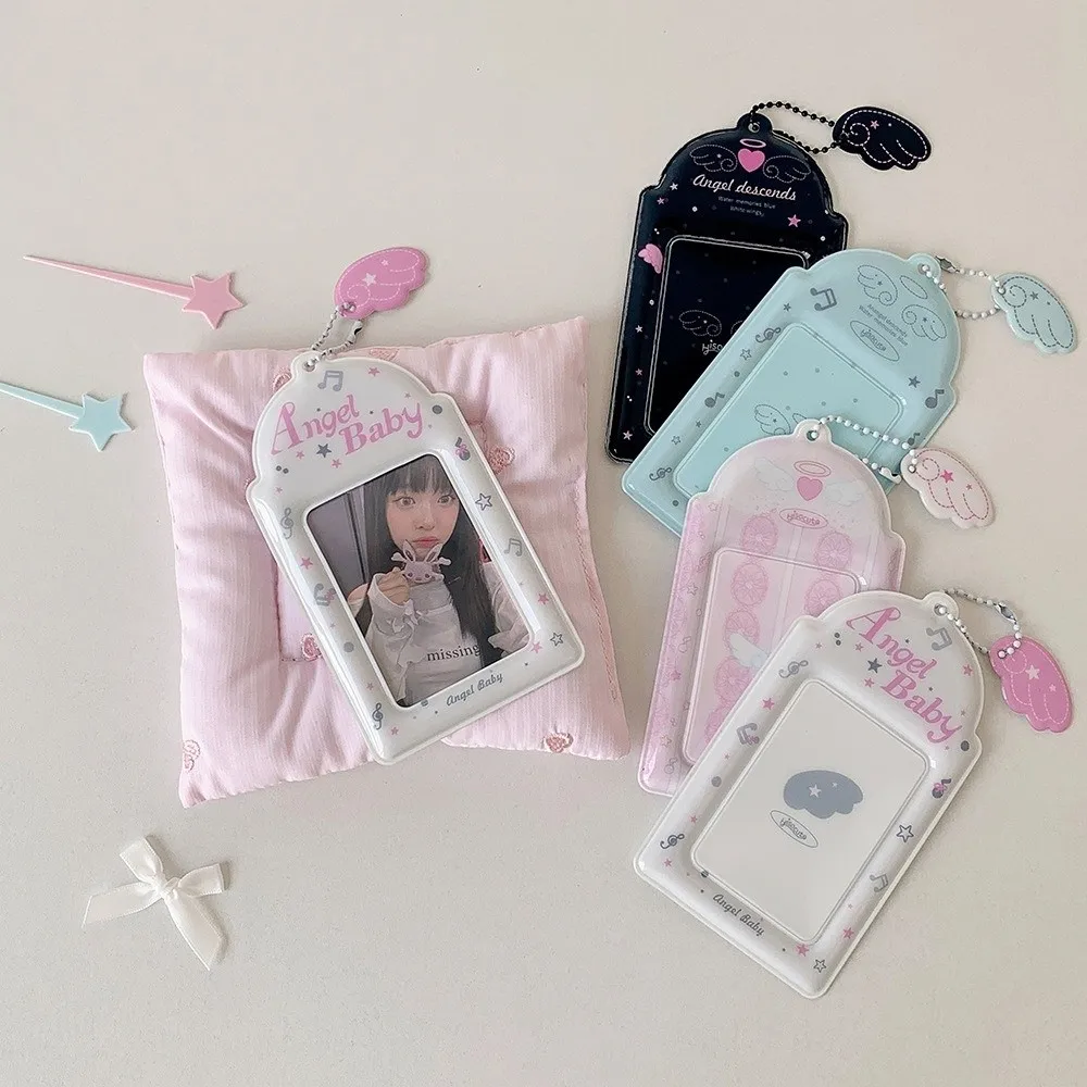 Cute PVC Photocard Holder Keychain Cartoon Hanging Decoration Photo Frame Angel Wings ID Badge Holder for Student Girls