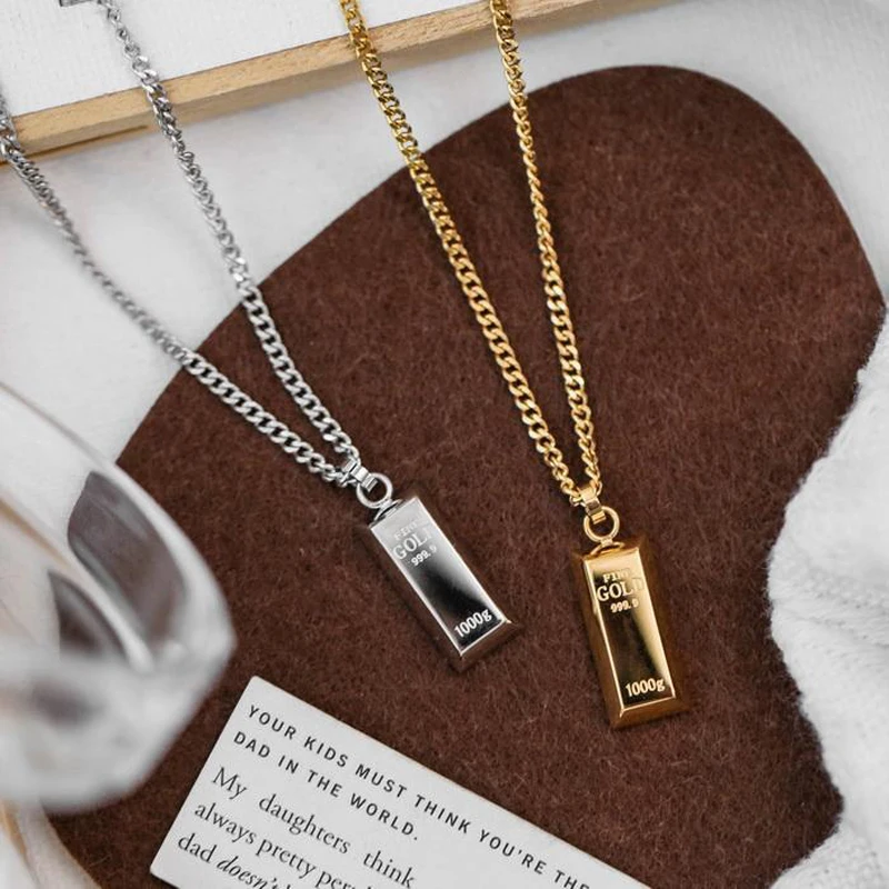 Stainless Steel Golden Cube Brick Pendant Necklaces For Women Men Geometric  Punk Style Jewelry gift