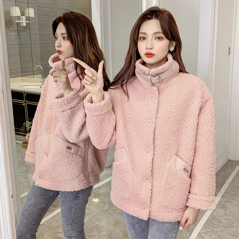 Lamb Plush Fur Coat Female Artifical Fleece Autumn Winter Korean Top Fashion Style Short Granular Fake Cashmere Fur Coat Stylish