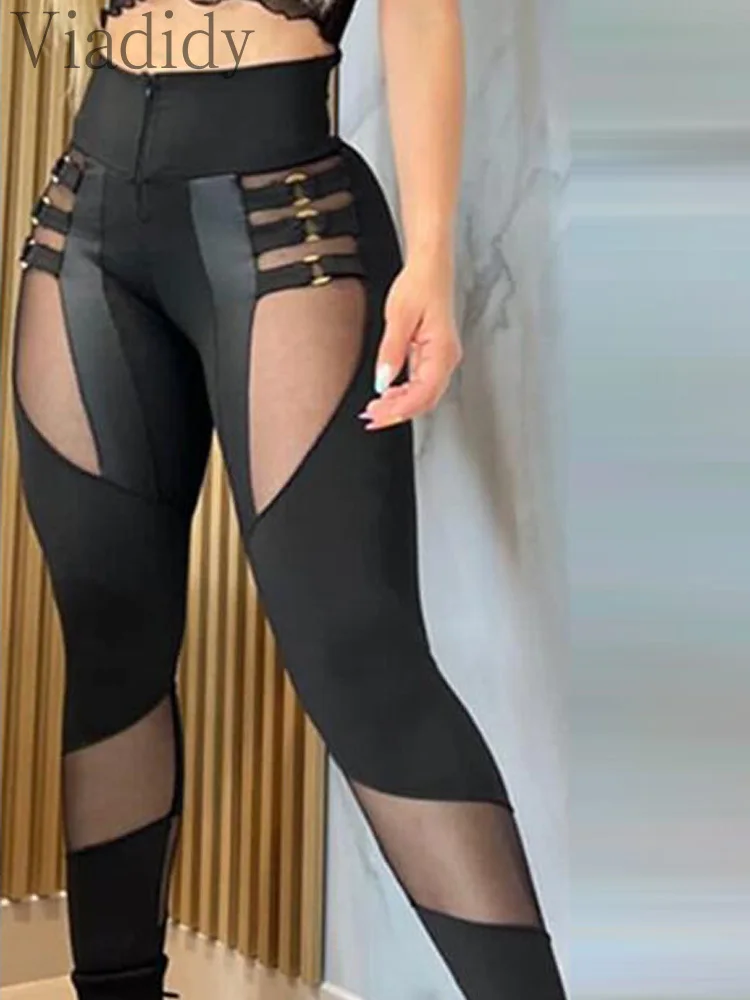 Women Sexy Solid Color O-Ring Decor Sheer Mesh Patchwork Pencil Pants