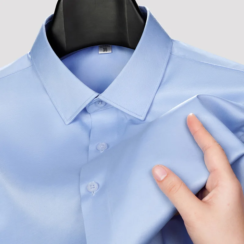 الرجال قميص غير الكي المضادة للتجاعيد الأعمال عادية بلون مطاطا السلس طويلة الأكمام العمل الاجتماعي الأزرق الأبيض فستان قميص 5XL