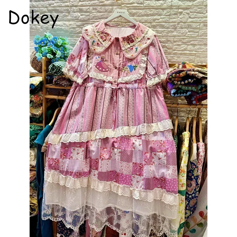 Sweet Lace Ruffled Kawaii Patchwork Dress Women Summer Mori Girl Doll Collar Puff Sleeve Dress Vintage Embroidery A-Line Vestido