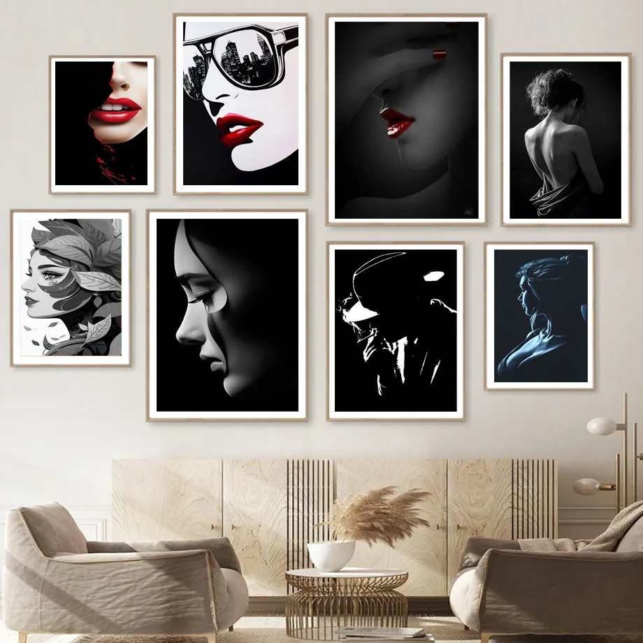 

Fashion Ladies Black White Abstract Girl Wall Art Print Nordic Poster Modern Paintings Home Decor Unisex Bedroom Living Room