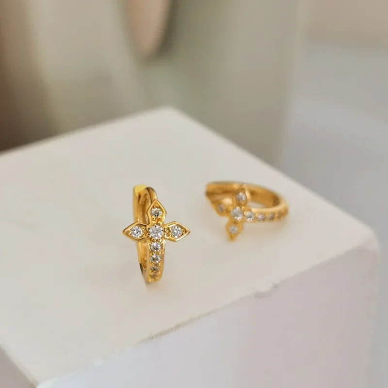 

S925 silver buckle cross earrings design sense earrings inset zircon creative small earrings a piece